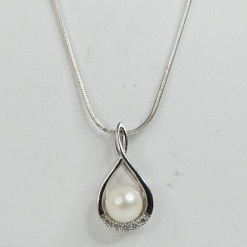 Sterling Silver/CZ Cultured Pearl Teardrop Shape Pendant and Snake Chain